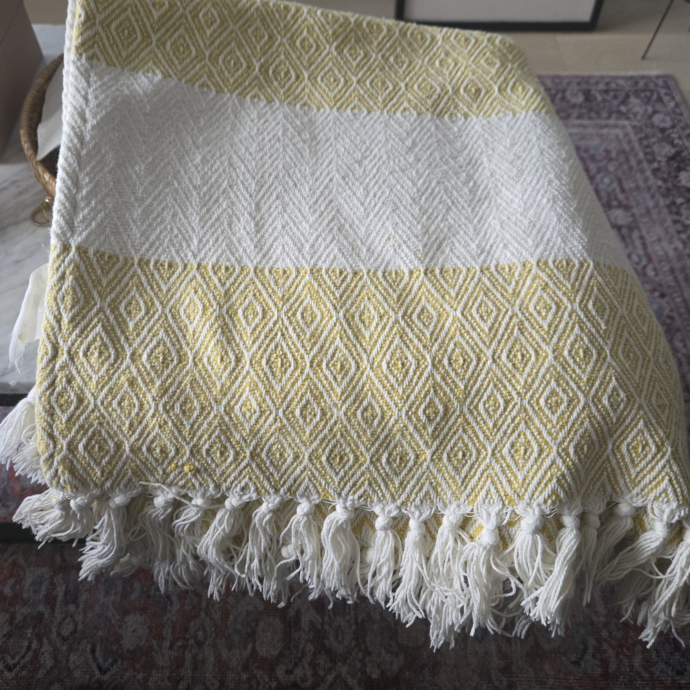 West Elm Yellow and White Diamond Fringe Throw